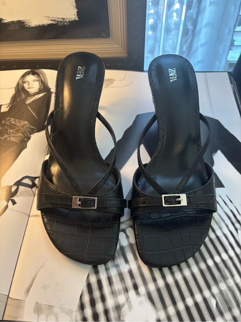 Zara Black Croc-Effect Strappy Mule Heels